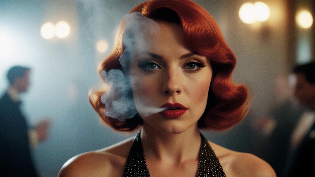 A glamorous woman with vintage red hair and bold red lipstick stands in focus at the bar, wearing a sparkling dress. Smoke swirls near her face in an elegant, dimly lit room with blurred figures in the background. AI Image made by Christian Fleischer / The Visiblemaker