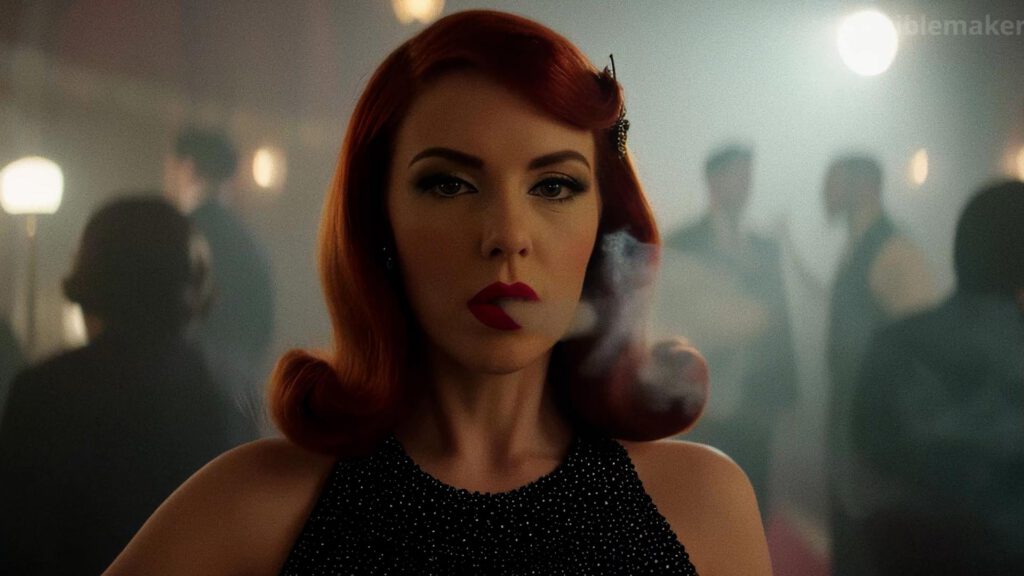 A woman with vintage red hair, bold makeup, and a dark beaded dress stares intently ahead at the bar. Smoke curls near her lips, and blurred figures fill the softly lit background, evoking a classic film noir moodfilm scene. AI Image made by Christian Fleischer / The Visiblemaker