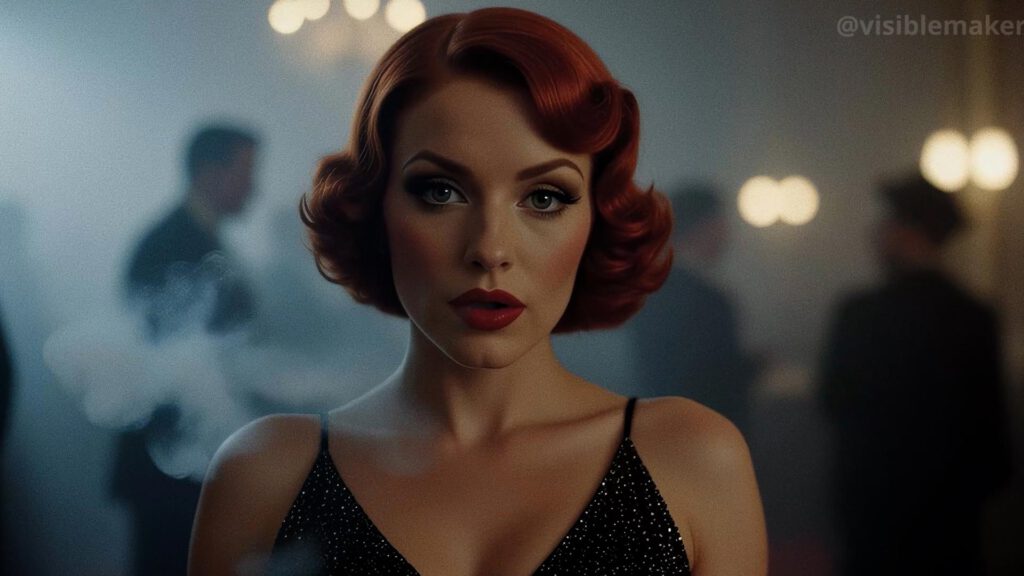 A woman with vintage, curled red hair and dramatic makeup wears a black, sparkly dress at a glamorous Hunyuan bar, the moodfilm scene set by blurred guests and chandeliers in the dimly-lit background. AI Image made by Christian Fleischer / The Visiblemaker