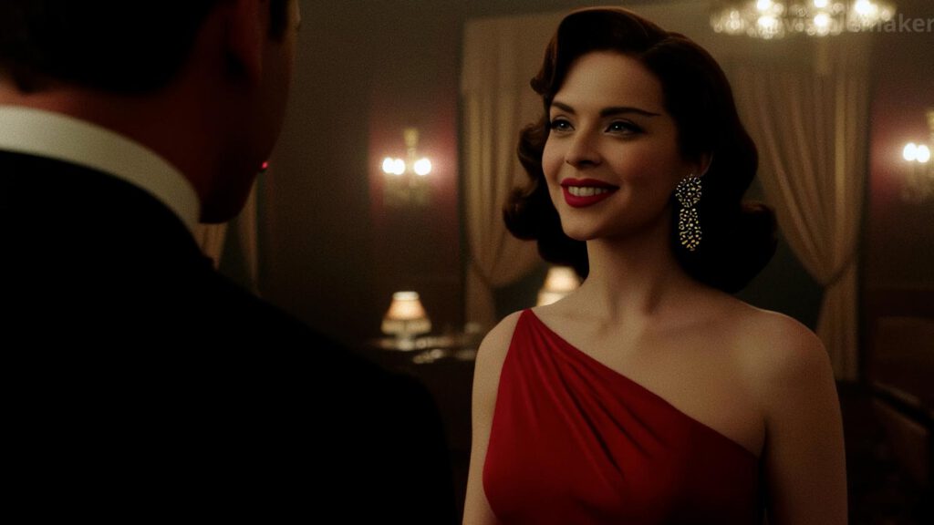 A woman in a red, one-shoulder dress smiles at a man in formal attire at a stylish bar, bathed in soft lighting from chandeliers. She wears large, ornate earrings and her vintage-style hair adds to the Moodfilm elegance of the dimly lit room. AI Image made by Christian Fleischer / The Visiblemaker