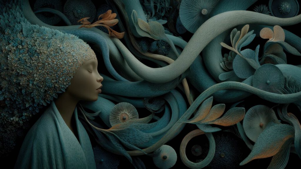 A serene woman with eyes closed and a headpiece of textured flowers is surrounded by swirling, flowing organic shapes and botanical elements in muted blues, creating a dreamy, surreal AI Art atmosphere. AI Image made by Christian Fleischer / The Visiblemaker