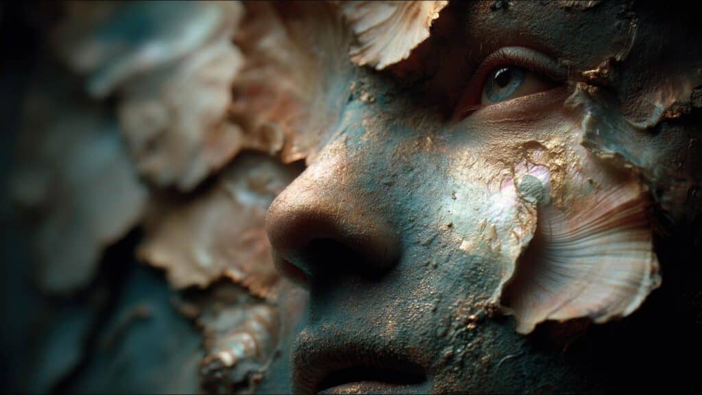 A close-up of a human face with textured, metallic skin and organic, shell-like formations blending into the skin, creating a surreal and artistic AI Art appearance. AI Image made by Christian Fleischer / The Visiblemaker