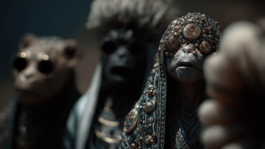 Three mysterious, humanoid figures wear ornate, beaded robes and circular, decorative eyewear. Their faces resemble primates, and their attire—adorned with intricate gold patterns—evokes the imaginative world of AI Cinema by Visiblemaker. AI Image made by Christian Fleischer / The Visiblemaker
