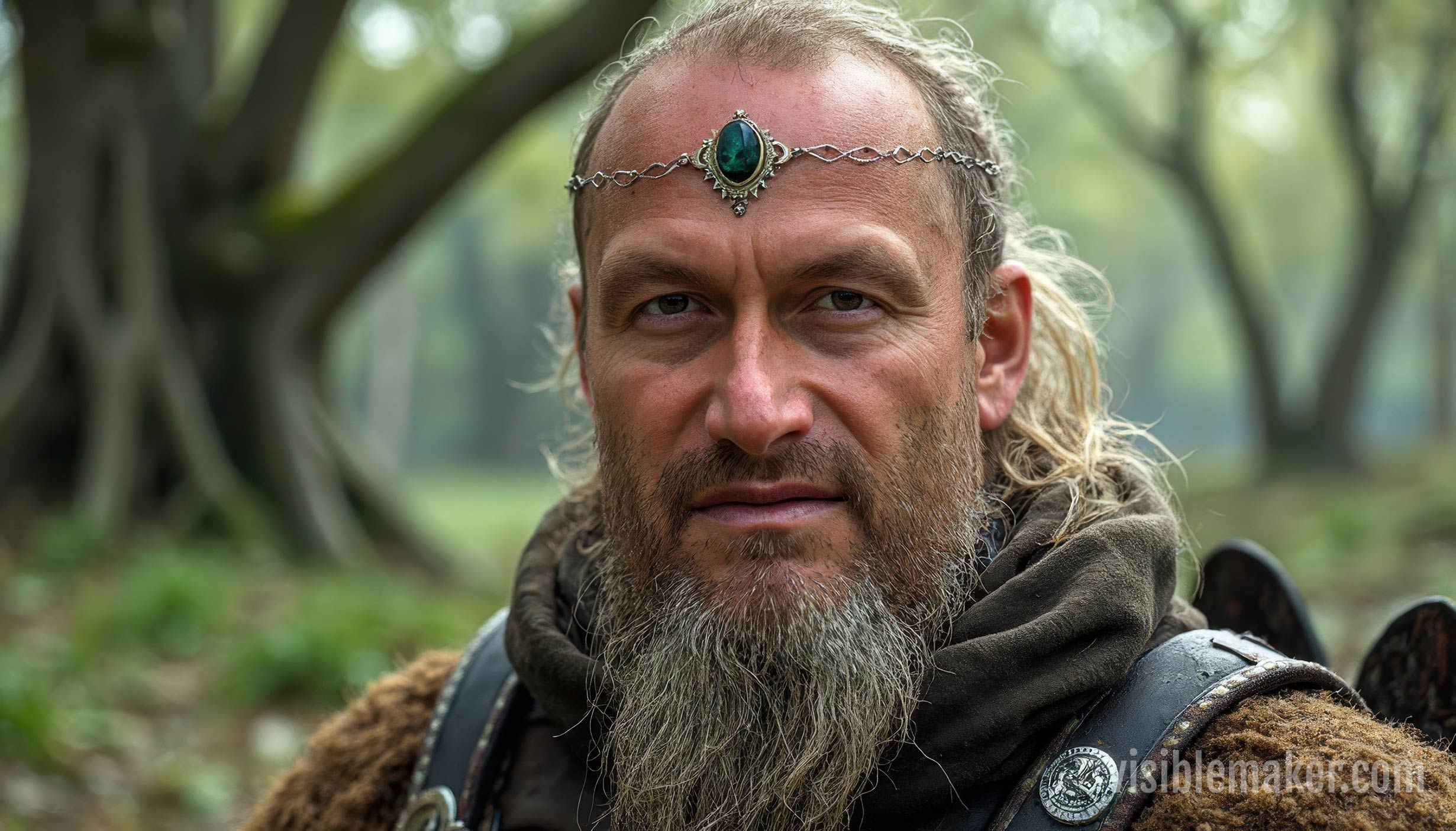 A man in medieval-style clothing and armor with a long beard and a gemstone headpiece stands outdoors in a forest setting, looking intently at the camera—an evocative blend of AI Art by Visiblemaker. AI Image made by Christian Fleischer / The Visiblemaker