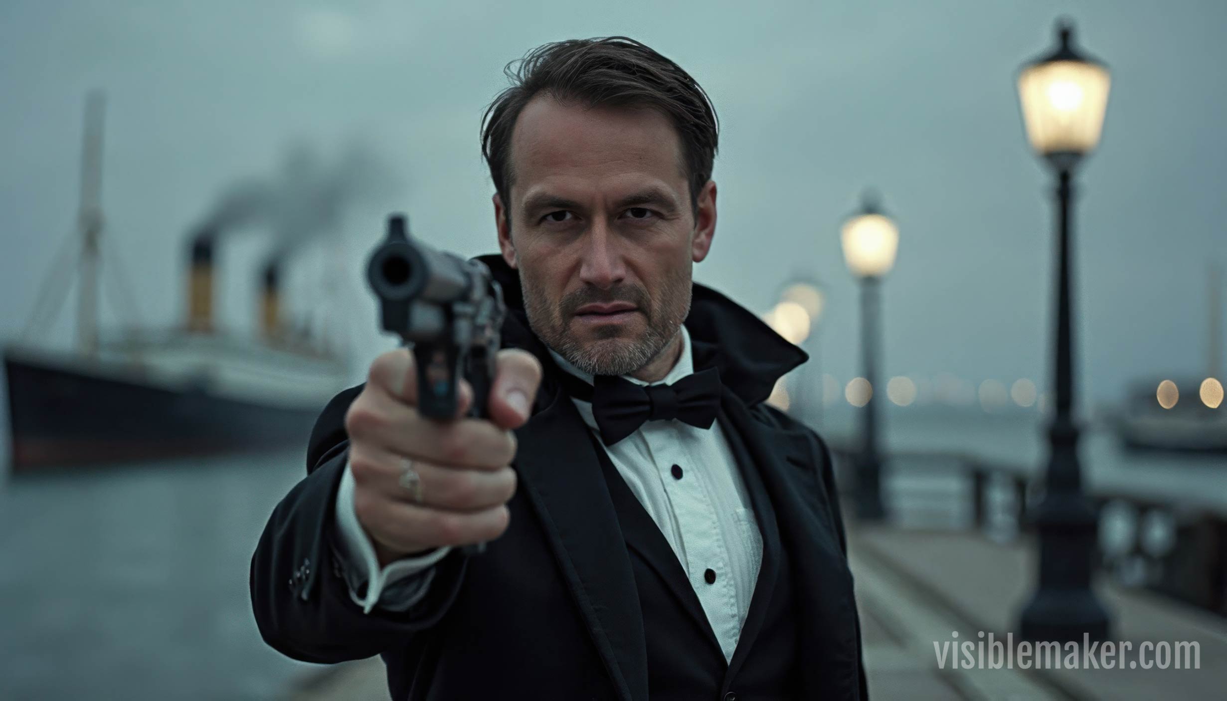 A man in a tuxedo points a handgun directly at the camera on a foggy waterfront, with street lamps and a steamship visible in the background—crafted as dramatic AI Art by Visiblemaker. AI Image made by Christian Fleischer / The Visiblemaker