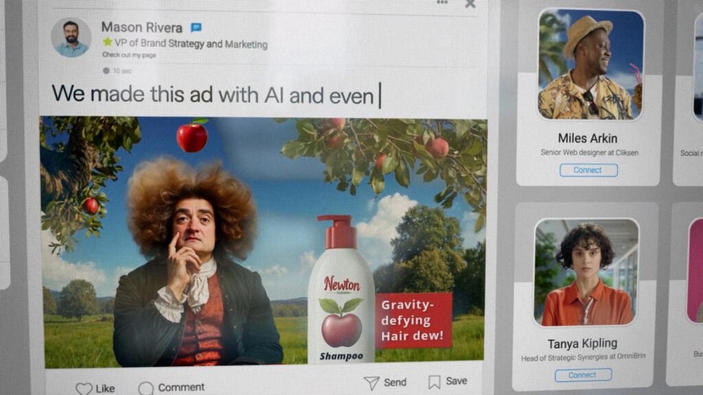 A computer screen displays a LinkedIn post draft by Mason Rivera with an AI Commercial—a cinematic ad featuring Isaac Newton under an apple tree, promoting Newton Shampoo: Gravity-defying Hair dew! Two LinkedIn profiles appear on the right. AI Image made by Christian Fleischer / The Visiblemaker