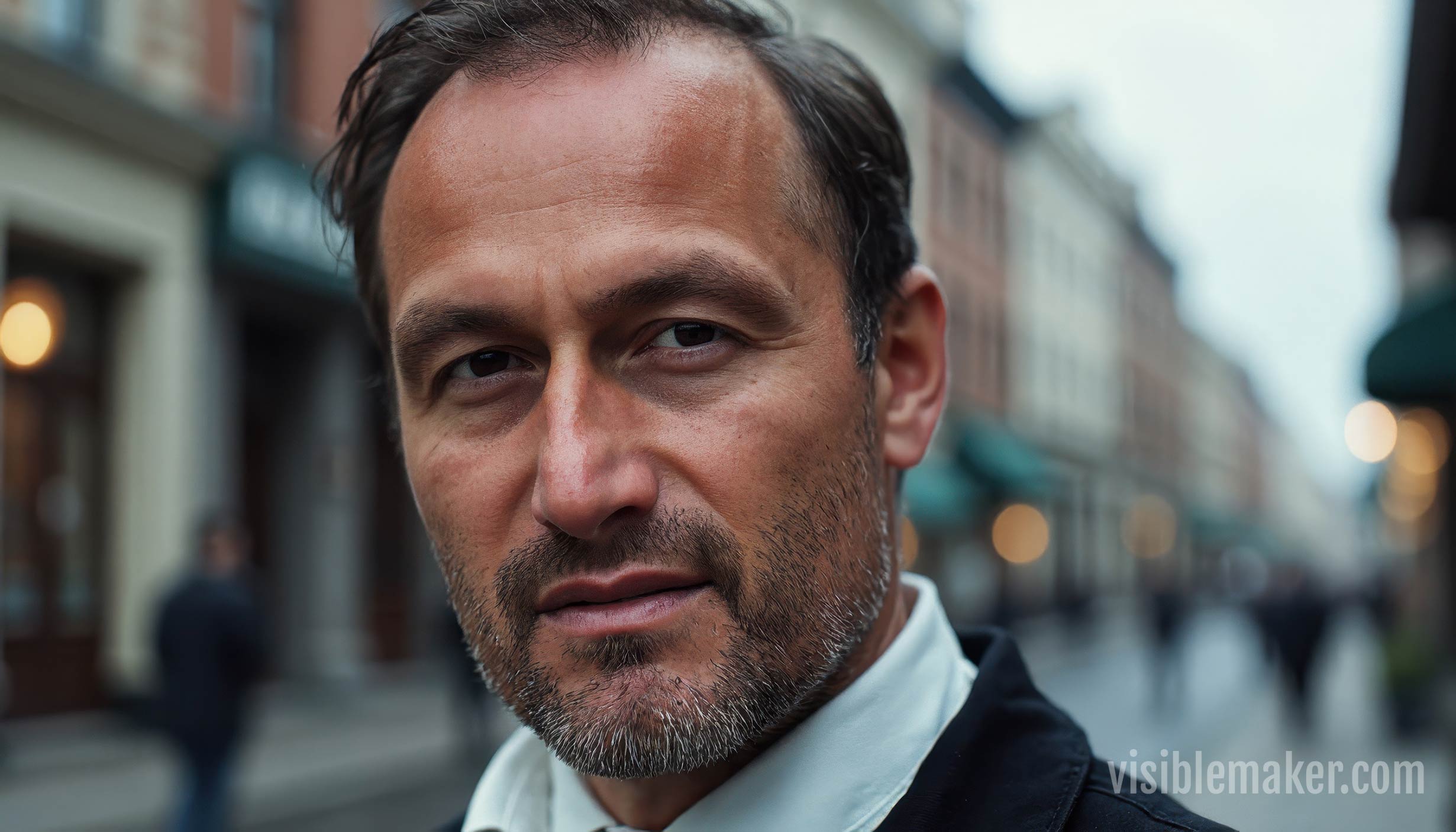 A serious-looking man with short brown hair and light stubble stands outdoors on a city street, captured in the style of AI Cinema, with blurred buildings and people in the background. AI Image made by Christian Fleischer / The Visiblemaker