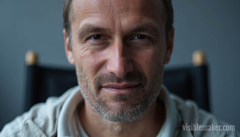 A middle-aged man with short hair and a trimmed beard looks directly at the camera, softly smiling. He wears a light-colored shirt, with a blurred background. The Visiblemaker watermark appears in the corner, hinting at AI Cinema production. AI Image made by Christian Fleischer / The Visiblemaker