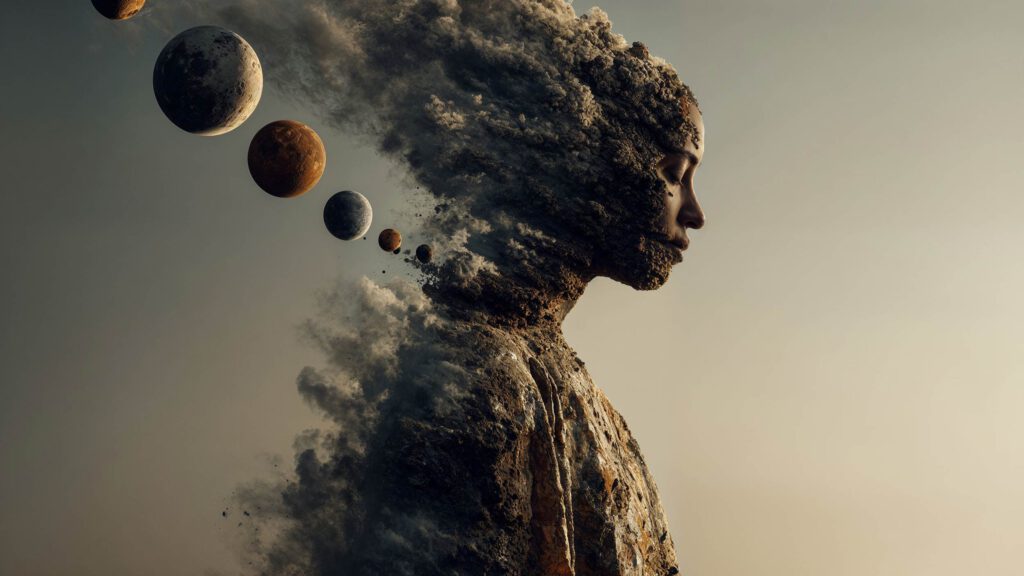 A surreal figure resembling a human profile disintegrates into dust and rock, with several planets and celestial bodies floating away from the head against a muted sky—a striking scene from the world of AI Cinema by Visiblemaker. AI Image made by Christian Fleischer / The Visiblemaker World Builder with AI Film