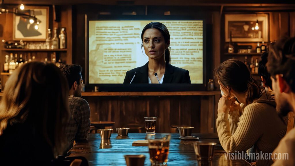 A group of people sit at a bar, drinks on the table, watching a woman speak at a podium on a large TV screen. The atmosphere is casual and focused—perhaps theyre discussing the latest trends in AI Art or AI Cinema from Visiblemaker. AI Image made by Christian Fleischer / The Visiblemaker