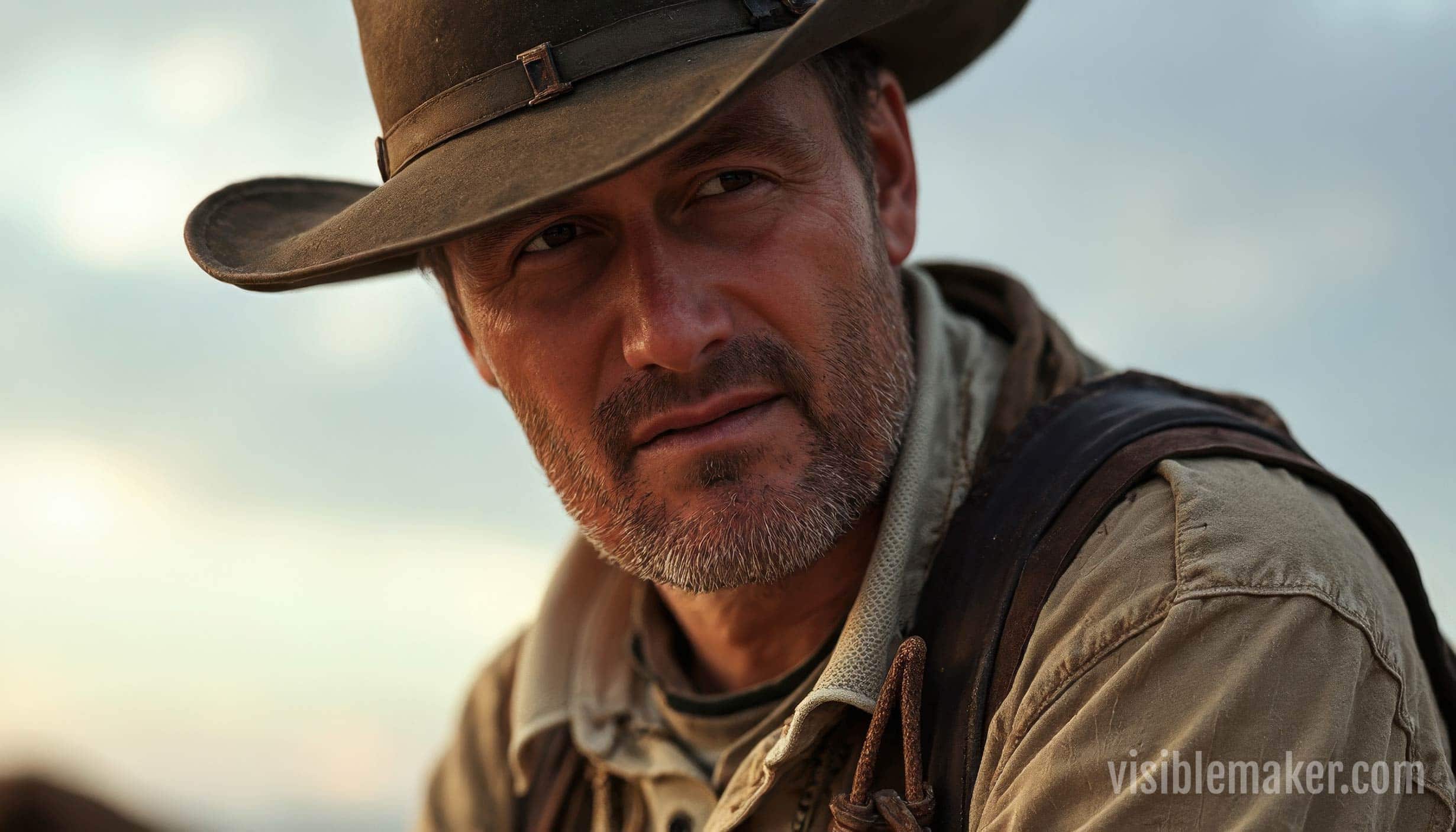 A rugged man with a stubbled beard wears a weathered cowboy hat and tan shirt, gazing off to the side outdoors against a soft, blurred background. Captured in warm, natural light, this scene evokes the spirit of AI Cinema storytelling. AI Image made by Christian Fleischer / The Visiblemaker