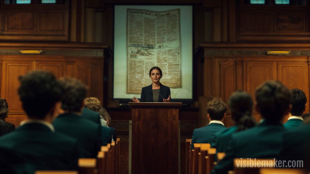 A woman in a suit stands at a podium addressing an audience in a wood-paneled courtroom, with an AI Cinema document projected behind her. The audience appears to be listening attentively. AI Image made by Christian Fleischer / The Visiblemaker
