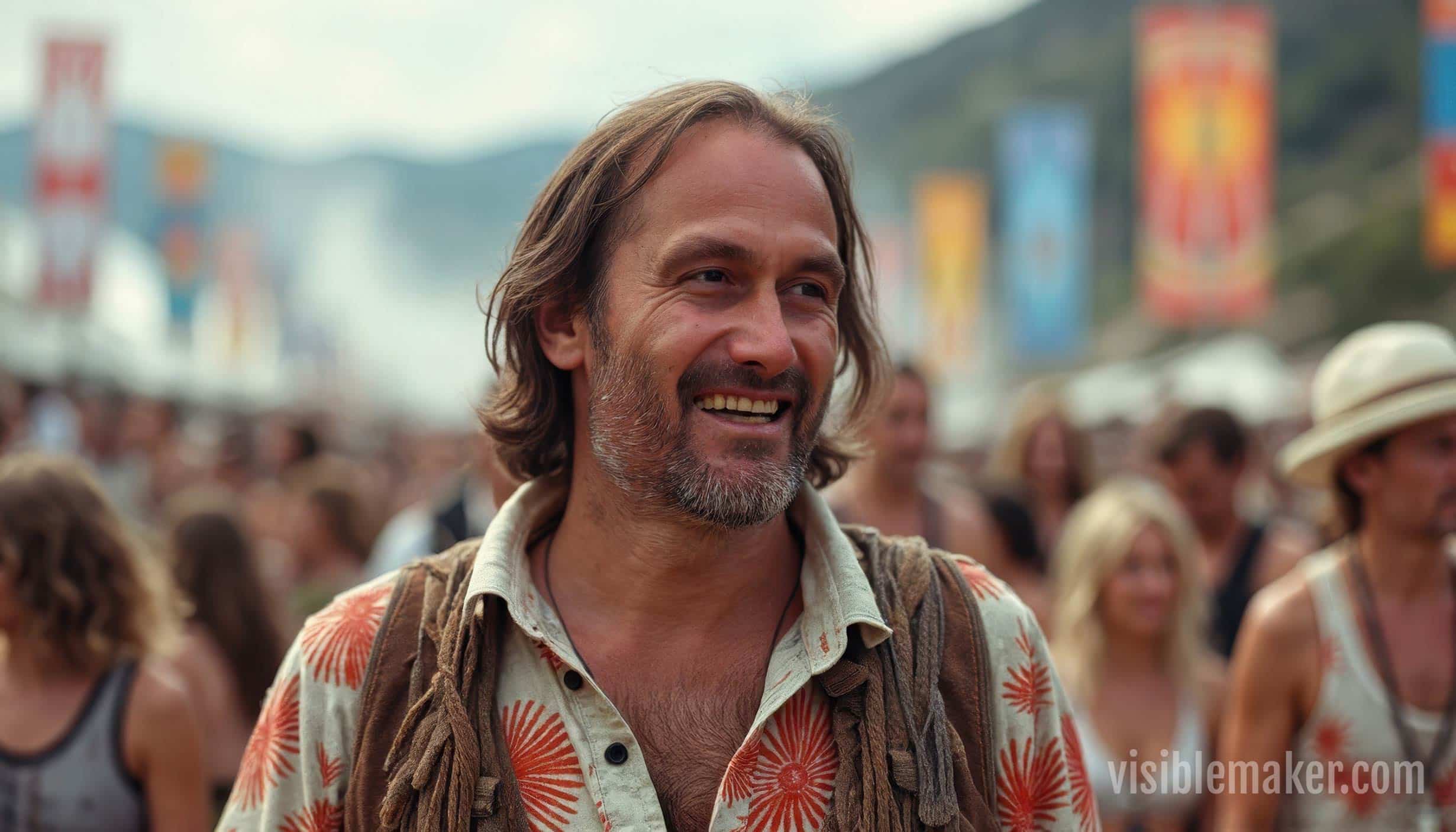 A man with shoulder-length hair and a patterned shirt smiles in a lively outdoor festival crowd, as colorful banners and blurred mountains set the backdrop—capturing a moment that could inspire AI Art on platforms like Visiblemaker. AI Image made by Christian Fleischer / The Visiblemaker