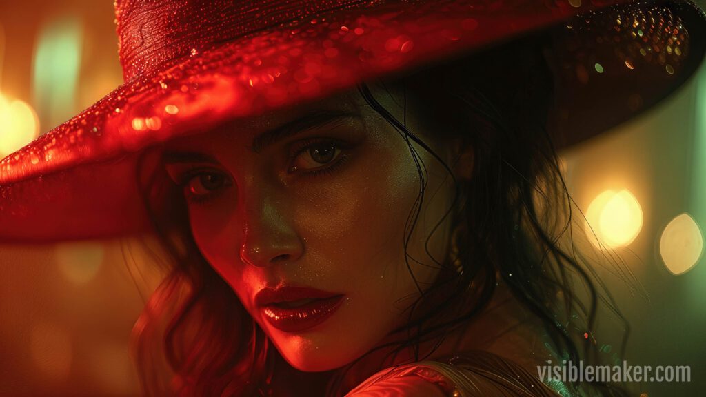 A woman in a wide-brimmed red hat and glossy makeup gazes intensely at the camera, bathed in dramatic AI Cinema lighting with a blurred, glowing background. The image has a cinematic, moody feel by Visiblemaker. AI Image made by Christian Fleischer / The Visiblemaker