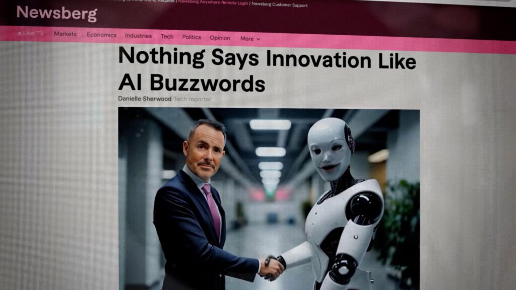 A news website page shows a headline, Nothing Says Innovation Like AI Buzzwords, above a photo of a businessman in a suit shaking hands with a humanoid robot in a modern office setting, capturing the influence of Visiblemaker in todays AI Commercial world. AI Image made by Christian Fleischer / The Visiblemaker