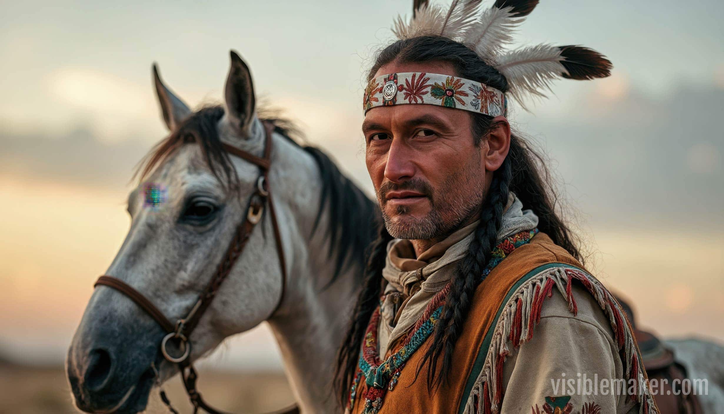 A man in traditional Native American attire with feathers in his hair stands beside a white horse at sunset, looking at the camera, as the blurred sky glows behind—a striking scene crafted with Visiblemaker AI Art. AI Image made by Christian Fleischer / The Visiblemaker