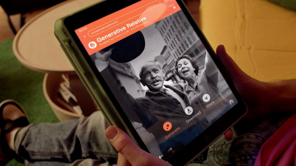 A person holds a tablet displaying a black-and-white photo of two people waving joyfully. The screen features the Visiblemaker AI Art app, Generative Relative, with options to generate, download, and share the image. AI Image made by Christian Fleischer / The Visiblemaker