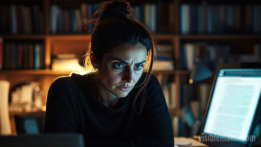 A woman with dark hair in a bun sits in a dimly lit room, intently exploring AI Art on her computer screen. Bookshelves line the background, and the screens glow highlights her focused expression. AI Image made by Christian Fleischer / The Visiblemaker
