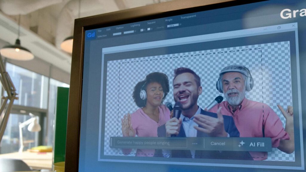 A computer screen displays an AI Art image editing program with a photo of three people singing together, wearing headphones, and holding microphones on a transparent background. AI Image made by Christian Fleischer / The Visiblemaker