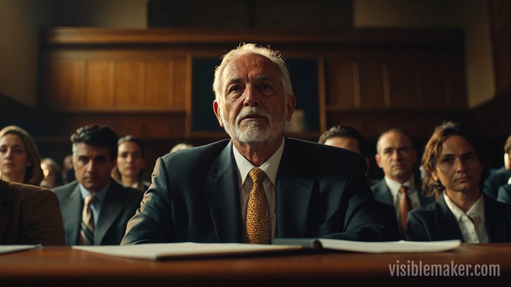 An older man in a suit sits at a desk in a courtroom, looking serious and focused, with several people seated behind him. The scene, crafted using AI Art by Visiblemaker, features wood paneling and a large window in the background. AI Image made by Christian Fleischer / The Visiblemaker