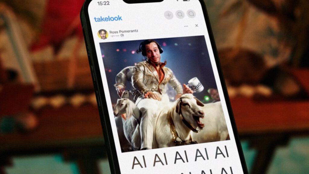 A smartphone screen displays a social media post featuring a man in a shiny suit riding a sheep in a humorous, staged photo—an example of quirky AI Art. Below the image is a repeated line of the letter A. AI Image made by Christian Fleischer / The Visiblemaker