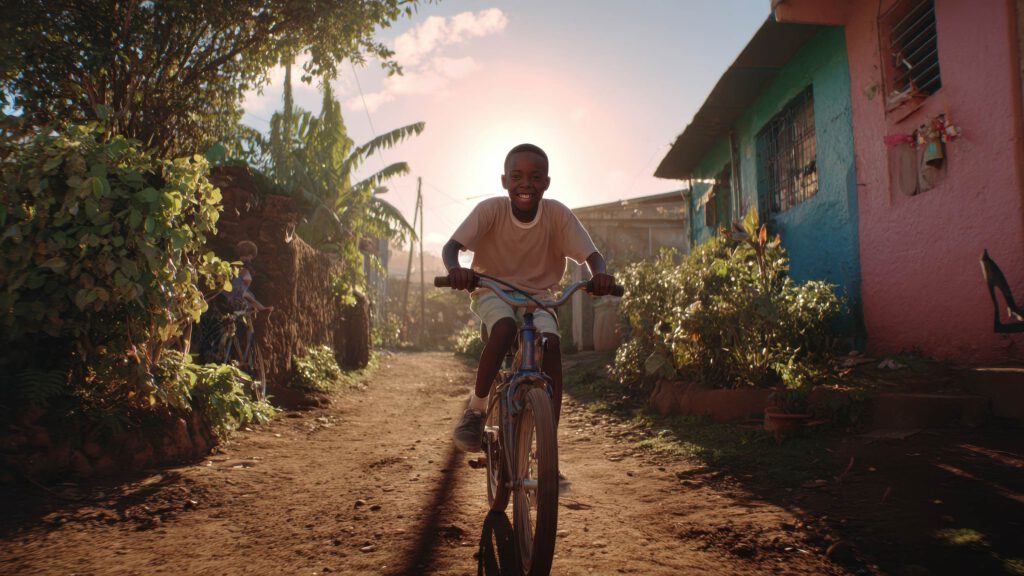 A young boy smiles while riding a bicycle down a sunlit, dirt path lined with colorful houses and lush greenery—capturing the charm of rural life as seen through the lens of AI Cinema. AI Image made by Christian Fleischer / The Visiblemaker