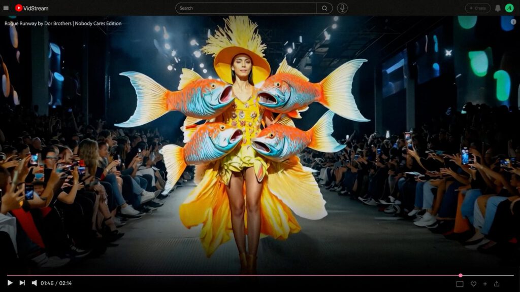 A model walks a runway wearing a dramatic costume with large, colorful fish and yellow fins radiating outward, resembling a sunburst—a scene worthy of AI Cinema. An audience lines both sides of the runway, taking photos. AI Image made by Christian Fleischer / The Visiblemaker