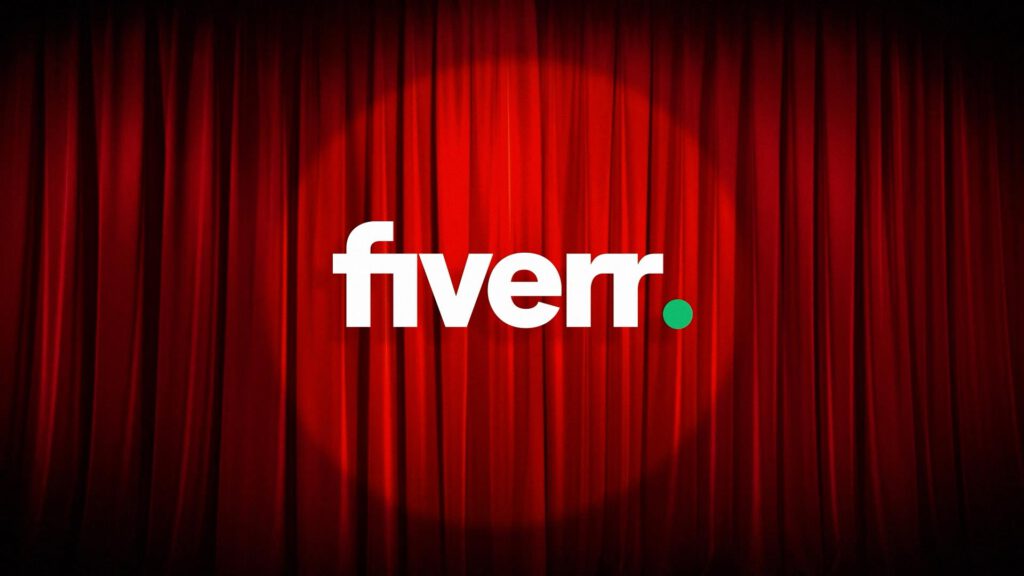 The image features the word fiverr in bold white letters with a green dot at the end, centered on a red stage curtain with a spotlight effect—perfect for promoting your next AI Commercial or Visiblemaker project. AI Image made by Christian Fleischer / The Visiblemaker