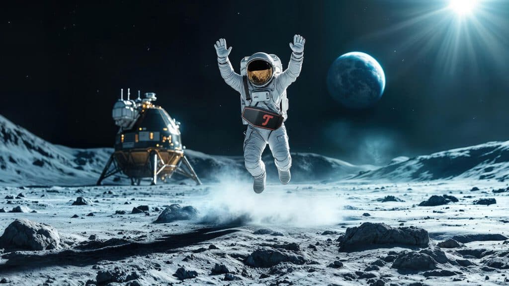 An astronaut in a spacesuit jumps on the moon’s surface, dust rising beneath them. A lunar lander sits in the background, while Earth glows above—an inspiring AI Art scene by Visiblemaker. AI Image made by Christian Fleischer / The Visiblemaker