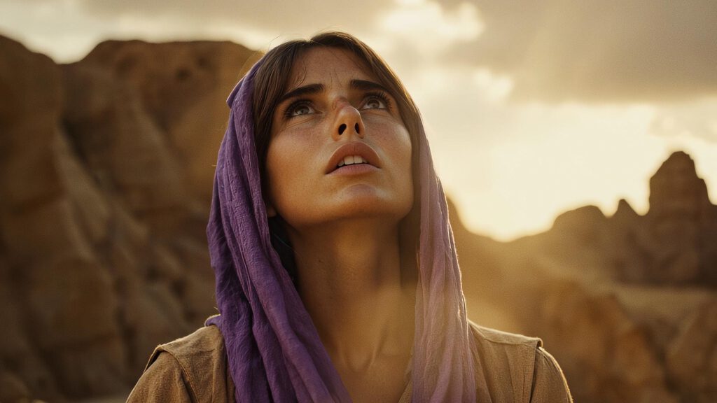 A woman with a purple headscarf looks upward with a hopeful expression, standing outdoors in a rocky desert landscape, her face illuminated by warm sunlight—an inspiring moment captured through the lens of AI Art. AI Image made by Christian Fleischer / The Visiblemaker