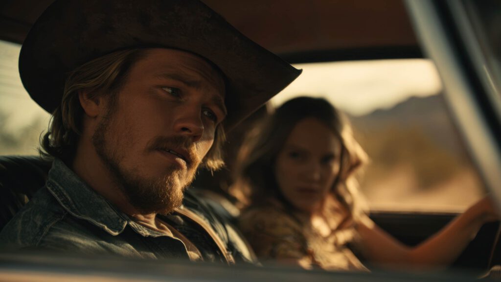 A man in a cowboy hat sits thoughtfully in a car while a woman drives, glancing at him. The sun lights up the desert landscape outside—a scene with the cinematic touch of AI Cinema by Visiblemaker. AI Image made by Christian Fleischer / The Visiblemaker