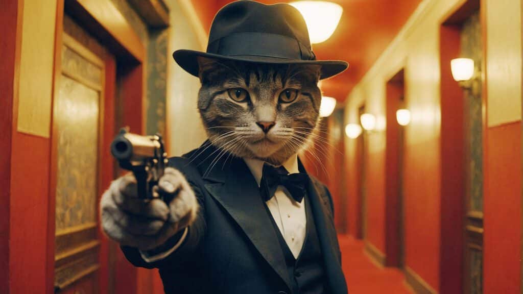 A cat dressed in a black suit, bow tie, and fedora points a handgun forward while standing in a brightly lit, vintage-style hallway with red and gold walls, created using AI Cinema for a classic AI Art vibe. AI Image made by Christian Fleischer / The Visiblemaker