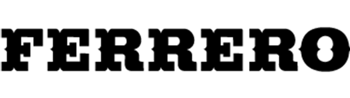 The image shows the word FERRERO in bold, black, all-caps serif letters on a light gray background. Logo of food company Ferrero.