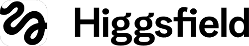 The Higgsfield logo features a black abstract wave symbol on the left and the word Higgsfield in bold black letters on the right, all on a light background. Logo Of Higgsfield.