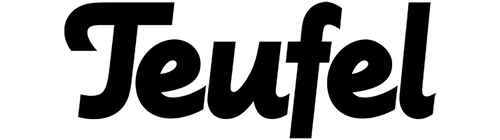 The word Teufel is written in bold, black, cursive-style font on a white background. Logo of german loudspeaker brand Teufel.