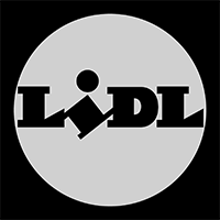 Black and white logo featuring the word LIDL in bold, stylized letters inside a grey circle on a black background. The I is represented by a dot above a diagonal line. Logo of LIDL.