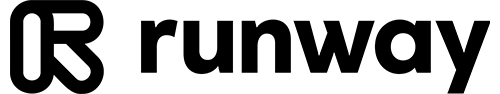 The image shows the Runway logo, featuring a stylized black R icon followed by the word runway in bold, lowercase black letters on a light background. Logo of Runway Image and Video Generator.