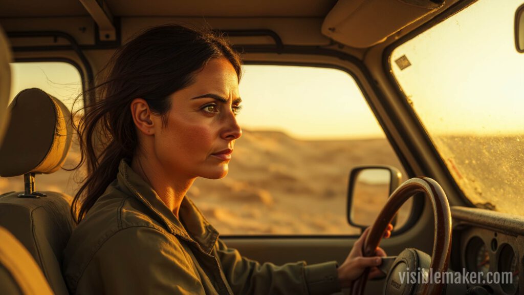 A woman with dark hair drives a car through a sunlit desert, looking ahead with a focused expression. Warm sunlight highlights her face and the sandy landscape outside the window in this striking scene of AI Cinema. AI Image made by Christian Fleischer / The Visiblemaker