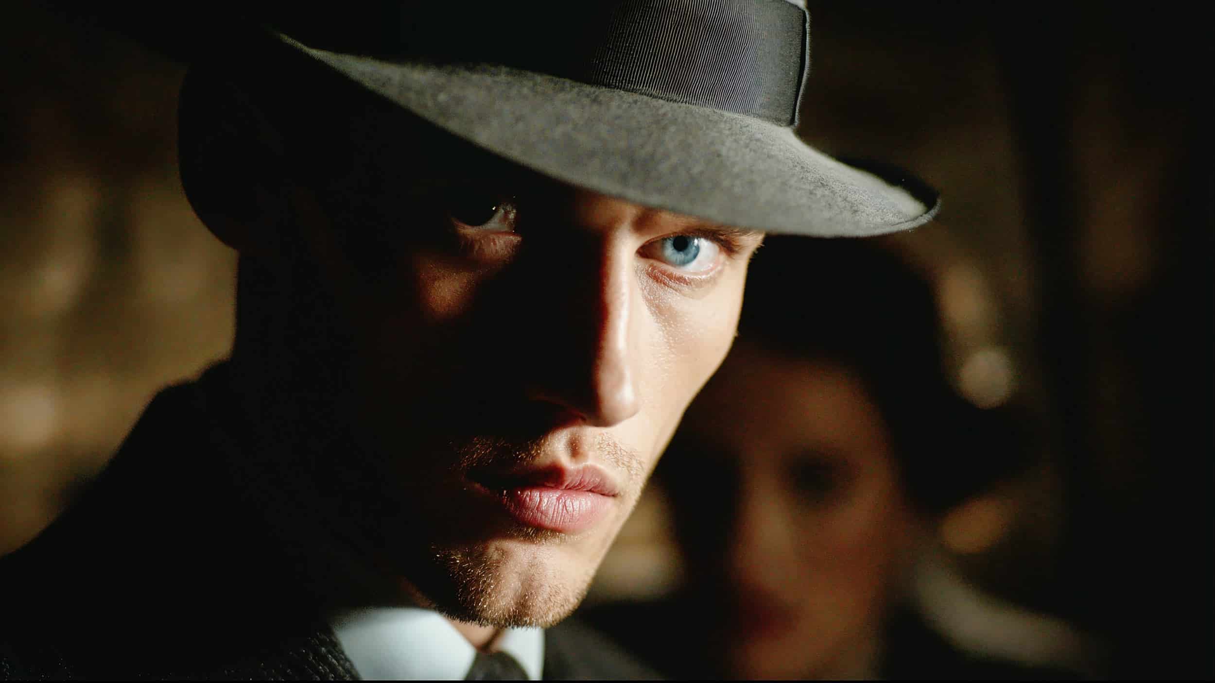 A man in a suit and wide-brimmed hat stares intensely at the camera, his face partially shadowed. A blurred figure in the background adds to the dramatic, mysterious atmosphere—perfect for an AI Cinema or Visiblemaker production. AI Image made by Christian Fleischer / The Visiblemaker