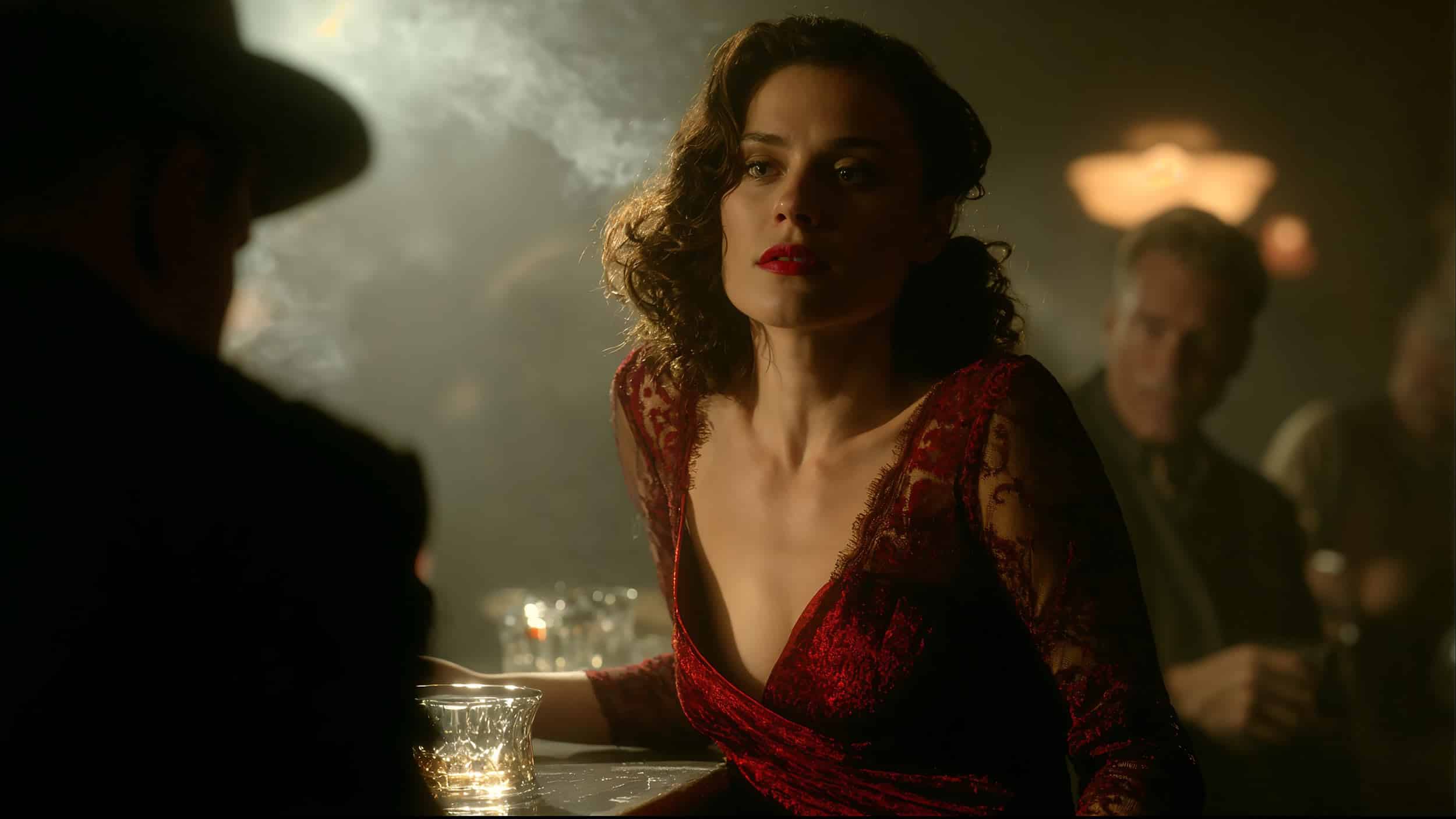 A woman in a deep red lace dress sits at a smoky bar, holding a glass and looking intently ahead. The moody, dim lighting and blurred figures evoke the cinematic style of AI Cinema by Visiblemaker. AI Image made by Christian Fleischer / The Visiblemaker