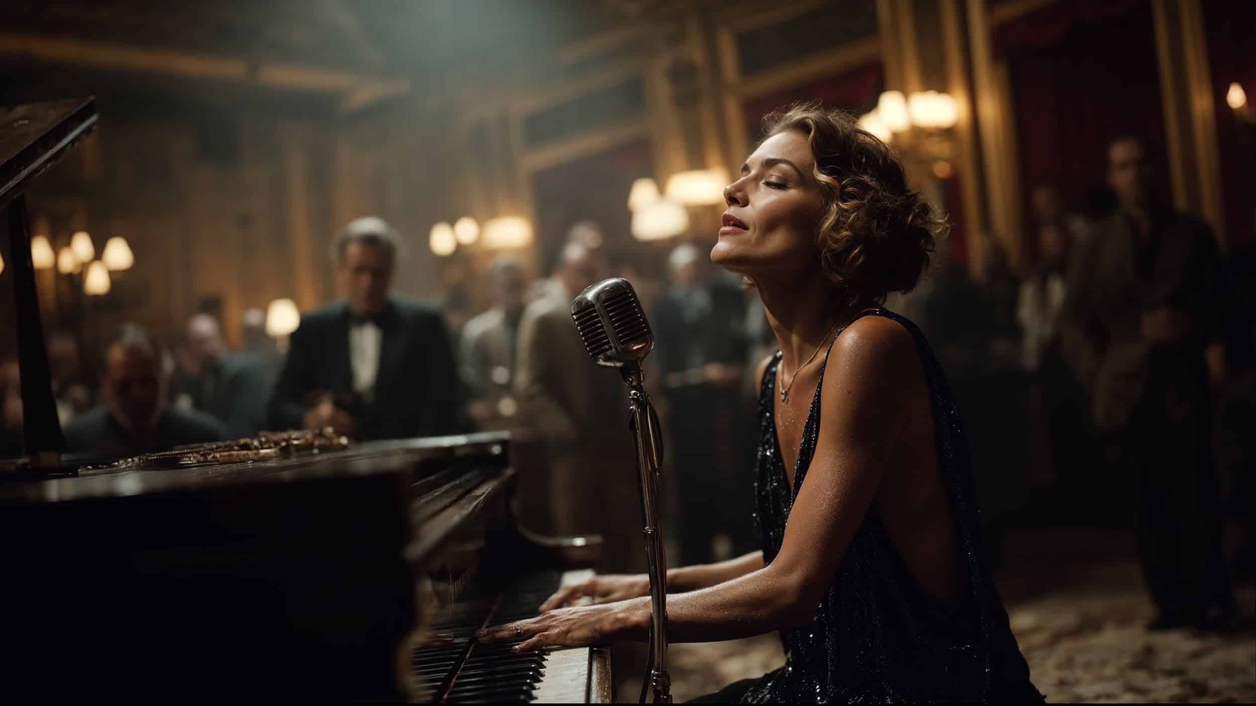 A woman in an elegant dress plays piano and sings passionately into a vintage microphone on a dimly lit stage, as AI Art projections illuminate the grand, ornate hall, captivating the well-dressed audience. AI Image made by Christian Fleischer / The Visiblemaker