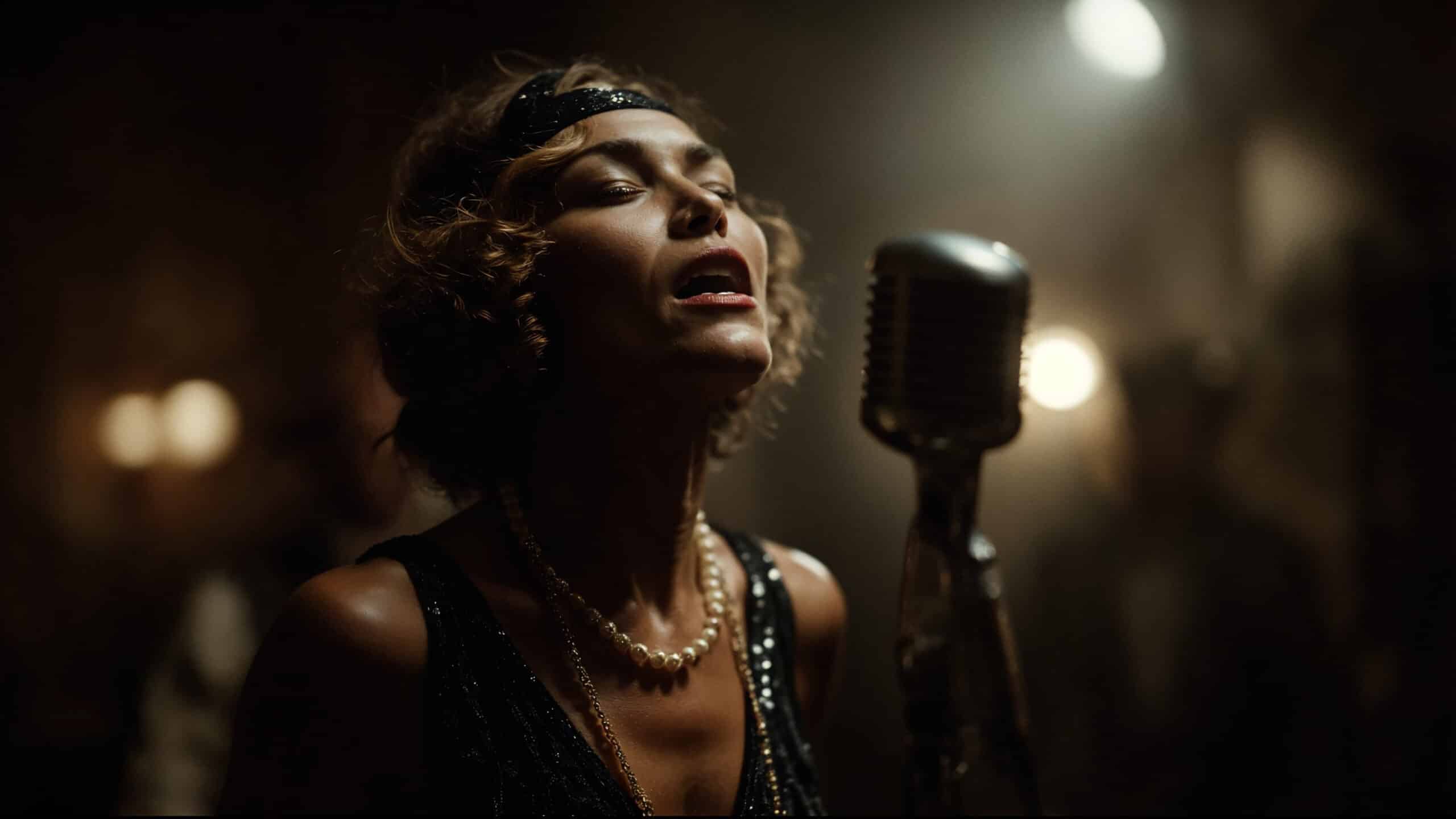 A woman in 1920s-style attire, wearing pearls and a headband, passionately sings into a vintage microphone under dramatic, moody lighting—stunningly recreated through Visiblemaker AI Art. AI Image made by Christian Fleischer / The Visiblemaker