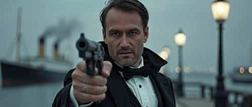 A man in a tuxedo points a gun directly at the camera, standing on a foggy waterfront at night with old-fashioned street lamps and a large ship in the background—capturing the intrigue of AI Cinema by Visiblemaker. AI Image made by Christian Fleischer / The Visiblemaker