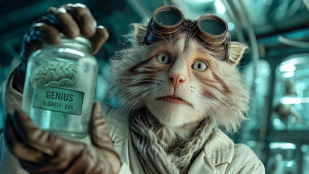 A realistic, anthropomorphic cat in a lab coat and goggles holds a jar labeled Genius: Slightly Evil, containing a brain, inside an AI Art-inspired laboratory filled with scientific equipment. AI Image made by Christian Fleischer / The Visiblemaker