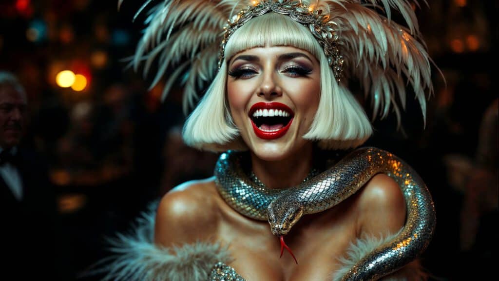 A glamorous woman with a feathered headpiece and bold red lipstick smiles widely, a shiny snake wrapped around her shoulders. Created by Visiblemaker, this AI Art captures the dim, festive energy of a lively party or celebration. AI Image made by Christian Fleischer / The Visiblemaker