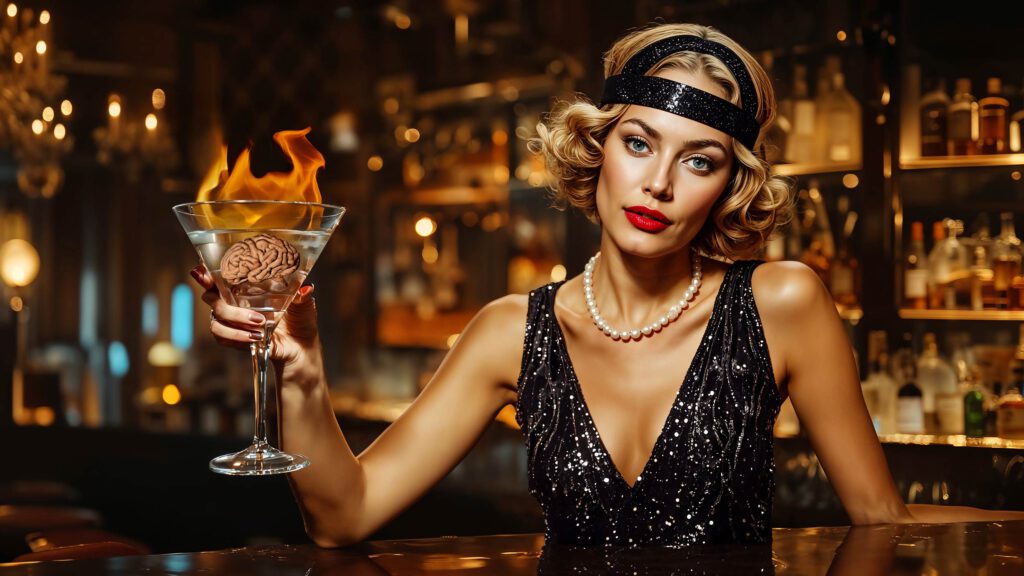 A woman in 1920s attire, with wavy blonde hair, a sequined black dress, and a pearl necklace, sits at a warmly lit bar holding a martini glass with a flaming brain-shaped object—an intriguing piece of AI Art. AI Image made by Christian Fleischer / The Visiblemaker