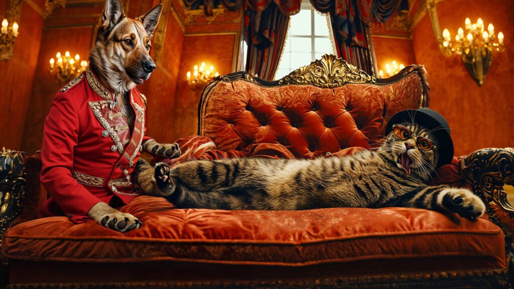 A German Shepherd in a red ornate jacket sits on a luxurious orange sofa next to a tabby cat with a monocle and hat, lying playfully in an opulent, chandelier-lit room—an imaginative scene brought to life by Visiblemaker AI Art. AI Image made by Christian Fleischer / The Visiblemaker