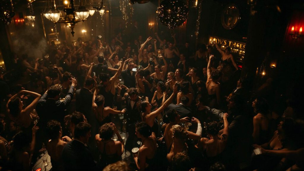 A crowded, glamorous party scene in a dimly lit room with people in formal attire dancing and celebrating under chandeliers and a sparkling disco ball, captured in stunning AI Art by Visiblemaker. AI Image made by Christian Fleischer / The Visiblemaker