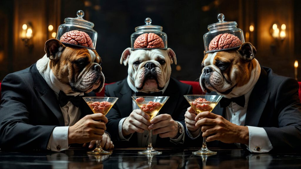 Three bulldogs in tuxedos sit at a table, each with a jar containing a brain on their head, holding martini glasses filled with brain-like objects. The elegant, dimly lit setting evokes the imaginative world of AI Art. AI Image made by Christian Fleischer / The Visiblemaker