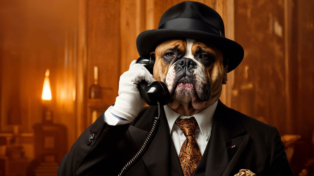 A bulldog dressed in a formal suit, patterned tie, white glove, and black hat holds an old-fashioned telephone to its ear in an elegant, warmly lit room with wooden walls—an imaginative scene of AI Art. AI Image made by Christian Fleischer / The Visiblemaker